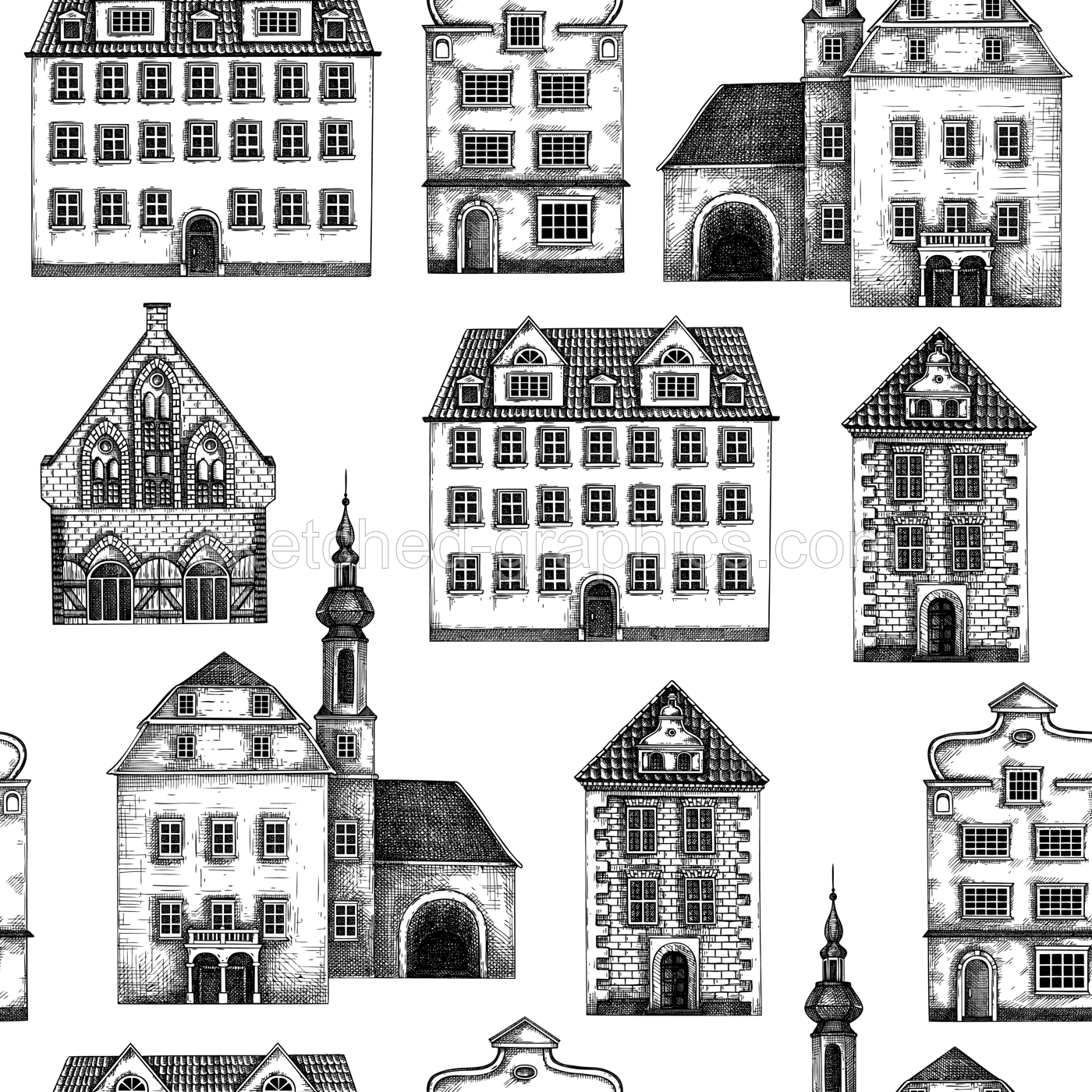 European city architecture background. Vintage houses seamless pattern. Old buildings hand-drawn vector illustration. Architectural design.  NOT AI generated Illustration